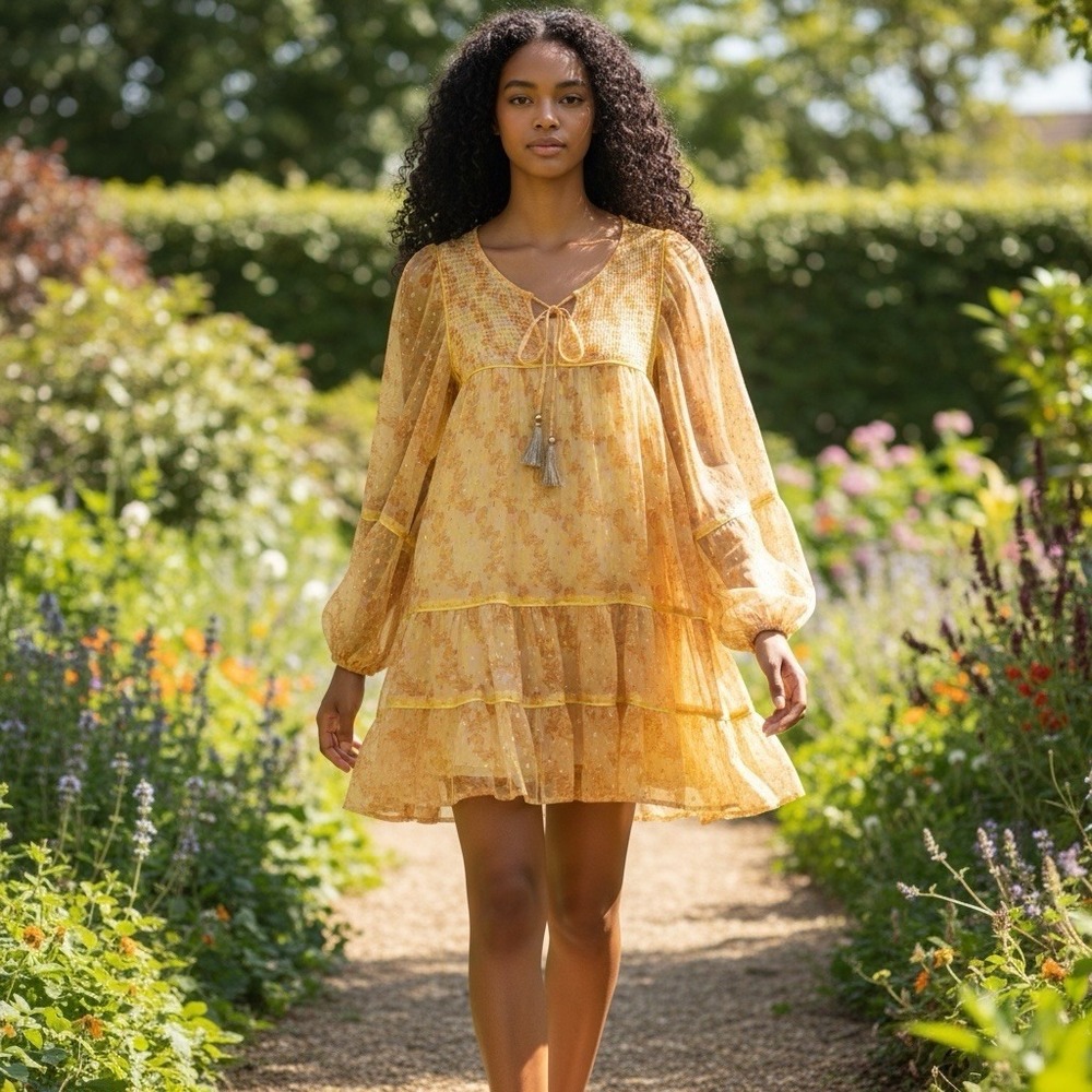 Free People Summers Orange Metallic Sheer Floral Tassel Festival Swing Dress Med - Picture 2 of 13